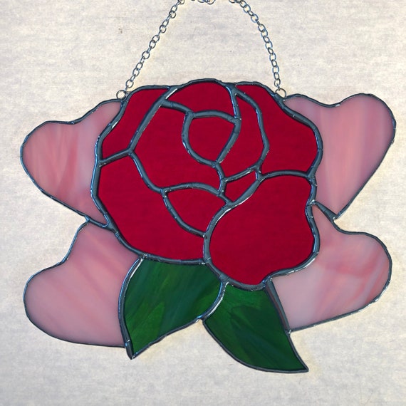 Stained Glass Red Rose with Pink Hearts