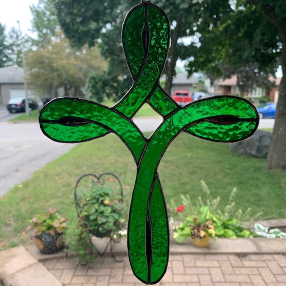 Christian Cross Celtic Knot Style, Stained Glass Suncatcher in Bright Green with Silver Solder