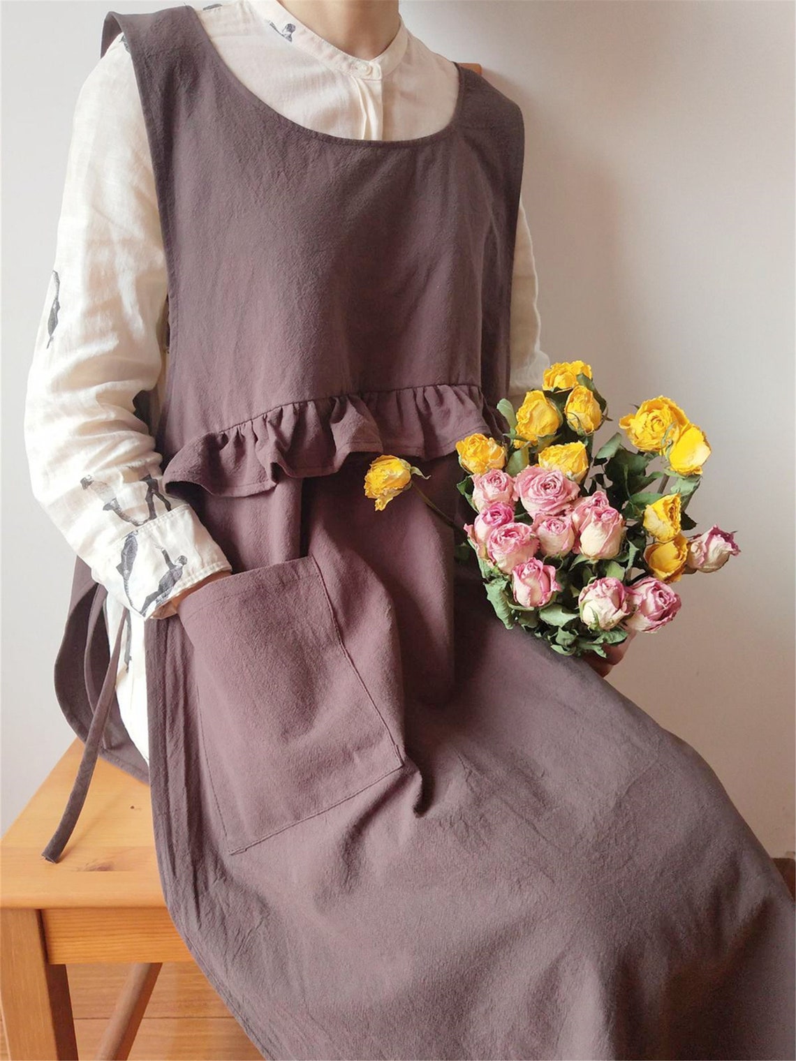 Cotton Linen Cross Back Apron Women Apron With Sleeves Custom Etsy