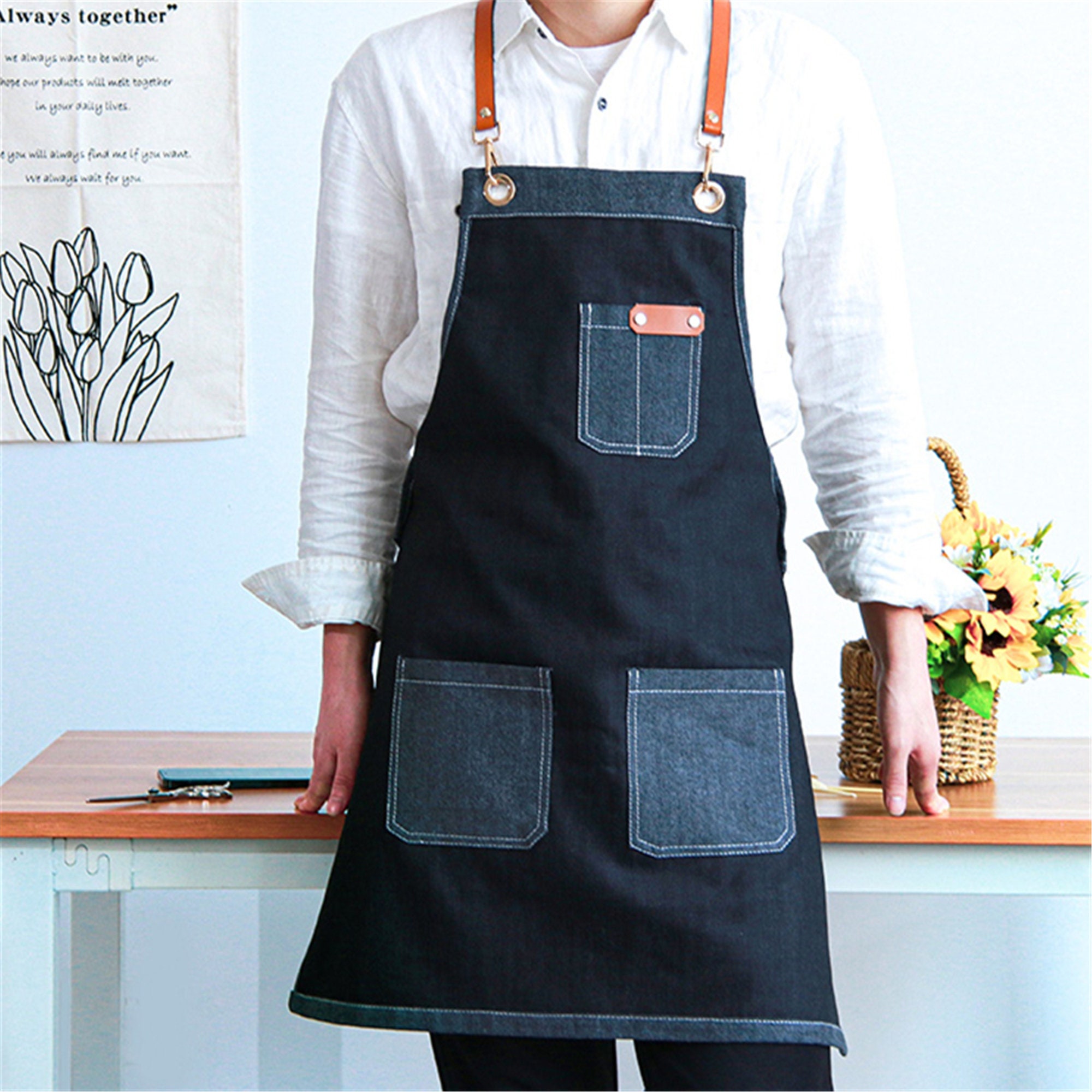 Denim cross back apron women men apron with pockets custom aprons art