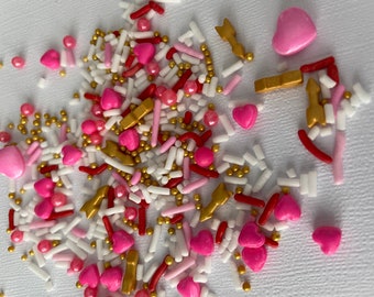 Pink and Gold Hearts Edible Sprinkle Mix, Princess Heart Sprinkle Mix, Valentine's Day Heart Pink Sprinkles Blend with Gold Accents