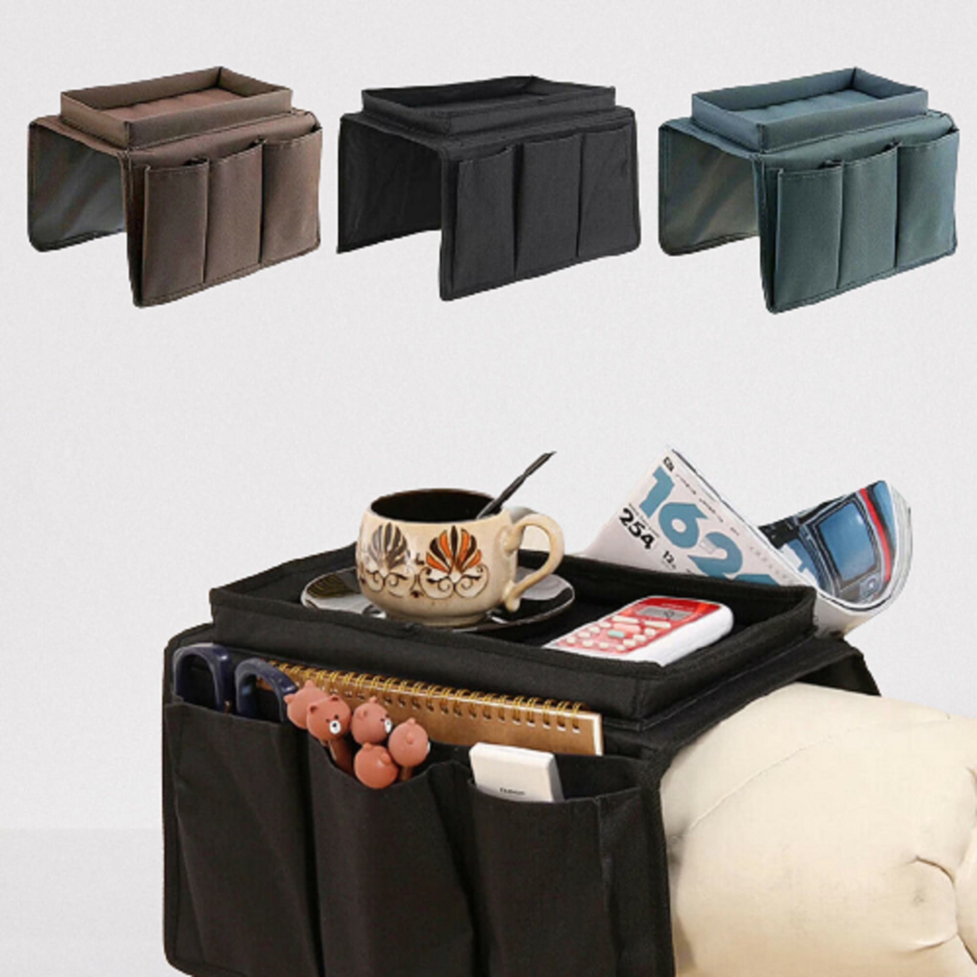 Plateau de Rangement Canapé avec Tapis Table Accoudoir Organisateur Marron