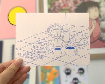 Lámina ilustrada de mesa de desayuno: postal tamaño A6 para pared.