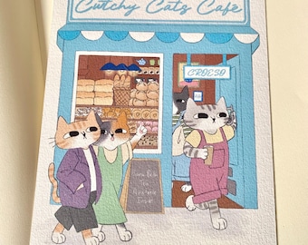 Cat Cafe Art Print | Size A5 | Original Illustration | Wall Decor