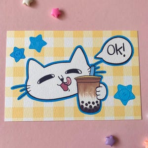 Cute Cat Boba Tea Art Print | A6 Art Print | Wall Art | Postcard | Original Cat Illustration
