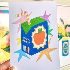 Impression d'art boîte à jus de fruits | Impression d'art A6 | Art mural |  postale | Illustration originale de jus de pomme | Imprimé fruits