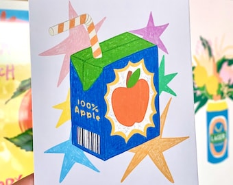 Lámina artística de caja de zumo de manzana: Postal ilustrada estilo crayón tamaño A6.