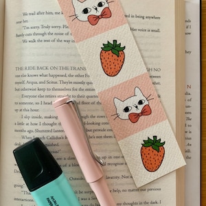 Cat and Strawberry Bookmark Gift for Book Lovers Gifts for Her Cat Bookmark Handmade