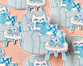 Katze liest Buch Aufkleber: Glänzender Vinyl Aufkleber - Original Illustration