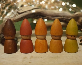 Autumn Gnomes Peg Dolls, Montessori Wooden Toy Set