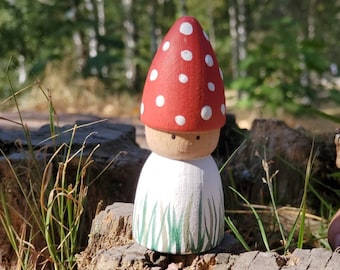 Fungi Peg Doll, Waldorf Montessori Wooden Mushroom Toy