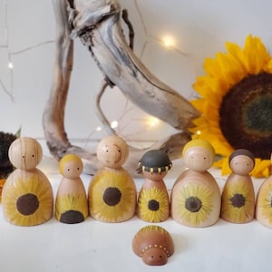 Wooden Sunflower Peg Dolls for Storytelling and Nursery Decor