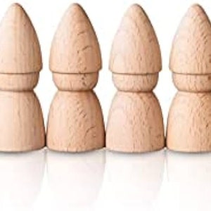 May include: Six unfinished wooden figures shaped like people with rounded heads and bodies. The figures are approximately 4 inches tall and are made of natural wood.