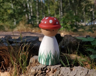 Mushroom Peg Doll, Montessori Wooden Toy, Fungi Tinker Family