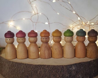 Rainbow peg doll people with hats, UKCA CE certified children's gift, wooden toy, curiosity, loose parts, gnomes and fairies, room decor