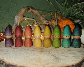 Rainbow Gnomes Set, Wooden Toy, Waldorf Steiner Inspired
