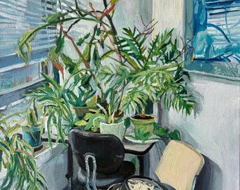Original Oil Painting: Office Interior with Houseplants, 11x14