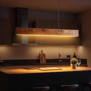 Linear Pendant Light Minimalist Solid Oak Pendant Lamp with LED Strip & Remote Dimmer Control zdjęcie 2