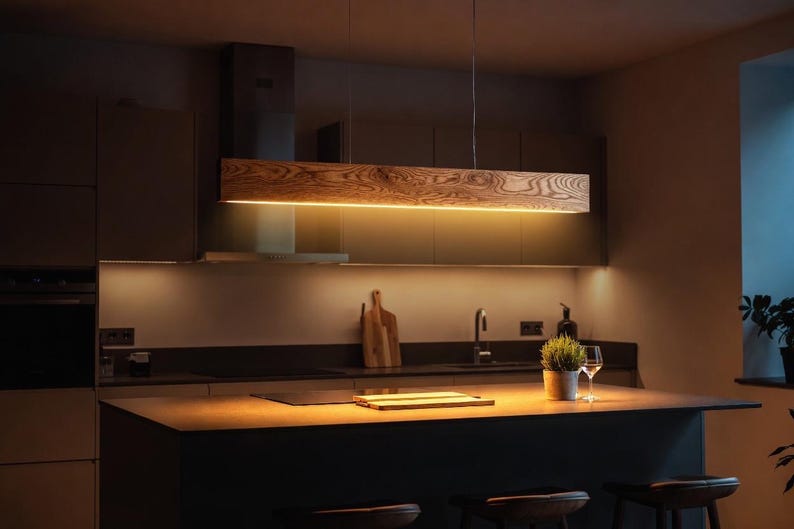 Linear Pendant Light Minimalist Solid Oak Pendant Lamp with LED Strip & Remote Dimmer Control zdjęcie 2