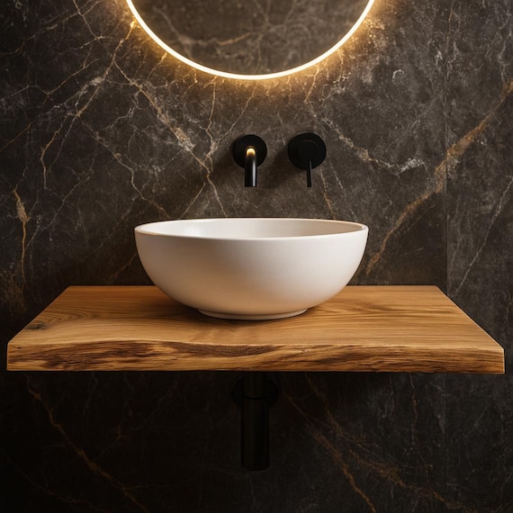Handcrafted Oak Bathroom Countertop with Live Edge, Solid Wood, Vanity Top