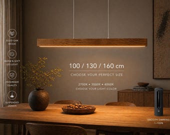 Linear Pendant Light Minimalist Solid Oak Pendant Lamp with LED Strip & Remote Dimmer Control