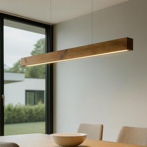 Linear Pendant Light Minimalist Solid Oak Pendant Lamp with LED Strip & Remote Dimmer Control