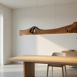 Può includere: Una lampada a sospensione lineare realizzata in un unico pezzo di legno naturale marrone scuro con un nodo prominente e venature visibili. L'apparecchio è sospeso da due fili sottili e presenta una striscia luminosa integrata sul bordo.