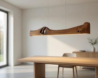 Unique Live Edge Pendant Light, Solid Oak Pendant LED Lamp with Remote Control Dimmable