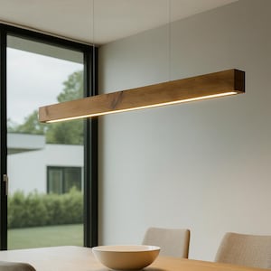 Linear Pendant Light Minimalist Solid Oak Pendant Lamp with LED Strip & Remote Dimmer Control zdjęcie 1
