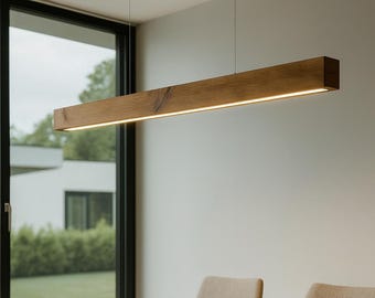 Linear Pendant Light Minimalist Solid Oak Pendant Lamp with LED Strip & Remote Dimmer Control