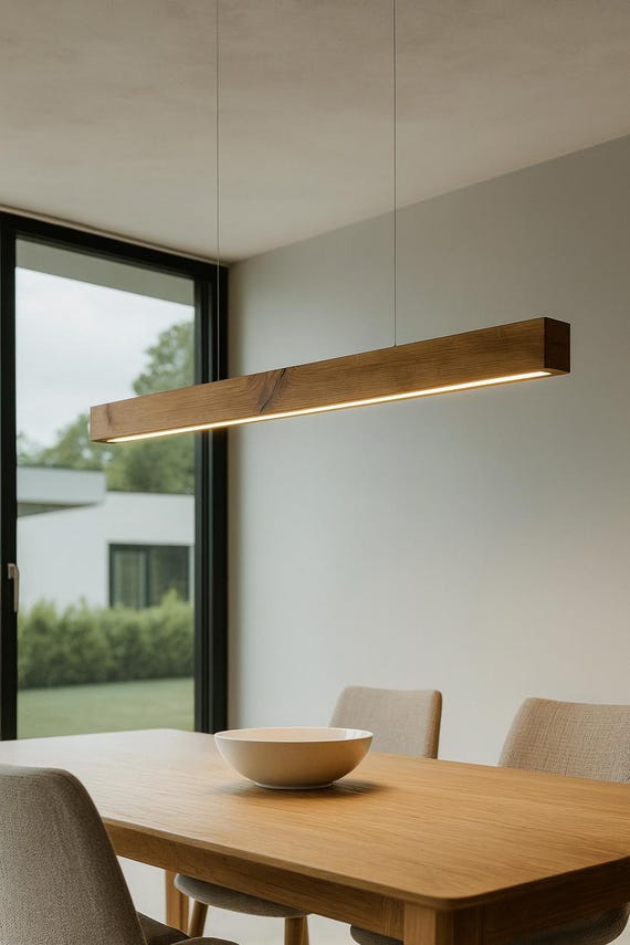 Linear Pendant Light Minimalist Solid Oak Pendant Lamp with LED Strip & Remote Dimmer Control