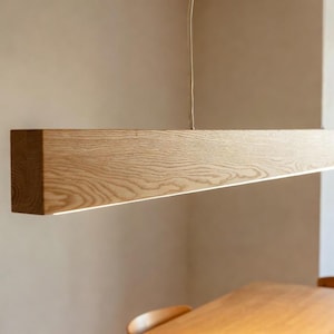 Linear Pendant Light Minimalist Solid Oak Pendant Lamp with LED Strip & Remote Dimmer Control zdjęcie 3