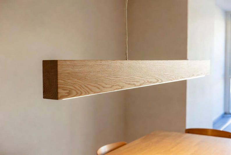 Linear Pendant Light Minimalist Solid Oak Pendant Lamp with LED Strip & Remote Dimmer Control zdjęcie 3