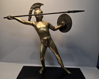 Vintage Greek Warrior Sculpture | Spartan Hoplite Bronze Style Statue | Classical Metal Figurine on Wooden Base | Mythology Decor