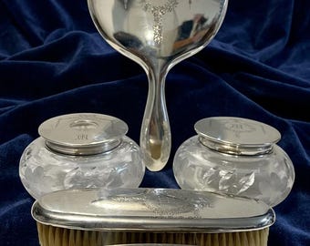 Vintage 6-Piece Sterling Silver Vanity Set with Crystal Powder Jars | Antique Hand Mirror, Hair Brushes & Vanity Accessories