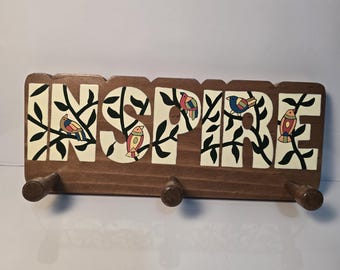 Handmade Wooden “INSPIRE” Wall Hook Rack | Folk Art Birds | El Salvador