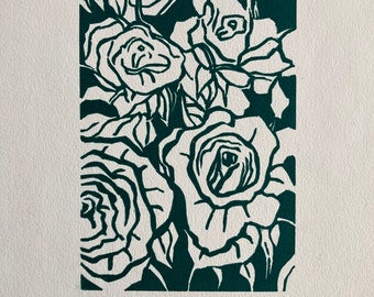 Linocut Print of Roses / Green and White Floral Linocut Print / Minimal Floral Art Print / Abstract Botanical Wall Decor / Valentine’s Gift