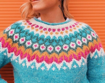 Icelandic Sweater RIDDARI Womens Glacier Blue Nordic Wool Hand Knit Norwegian Ski Lopapeysa Jumper Fair Isle Scandinavian Style Pullover