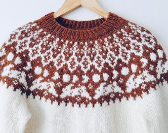 Icelandic Sweater MOONBUN Womens Wool Bunny Print Sweater Norwegian Rabbit Print Nordic Fair Isle Pullover Norway Jumper Hand Knit Lopi