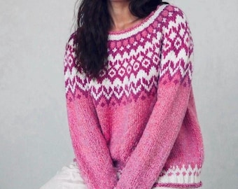 Pink Riddari Icelandic Lettlopi Wool Sweater, Hand Knit Nordic