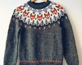 Fox Icelandic Wool Sweater, Norwegian Hand Knit Lettlopi Lopapeysa