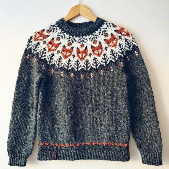 Fox Sweater, Icelandic Lettlopi Wool Hand Knit Nordic Lopapeysa