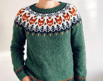 Fox Icelandic Wool Sweater, Hand Knit Lettlopi Women’s Lopapeysa, Nordic Fair Isle Custom Jumper, Lyme Grass Green