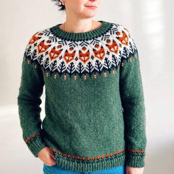 Hand-Knit Icelandic Wool Fox Sweater, Lyme Grass Green, Nordic Fair Isle Pullover