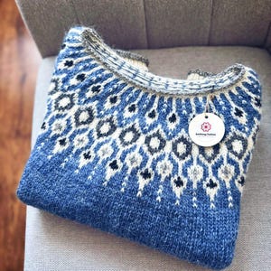 Iceland Sweater TELJA  Fjord Blue Nordic Cozy Lopapeysa Warm Pure Eco Wool Fair Isle Pullover Hand Knit Scandinavian Norwegian Gift for Her