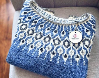 Iceland Sweater TELJA  Fjord Blue Nordic Cozy Lopapeysa Warm Pure Eco Wool Fair Isle Pullover Hand Knit Scandinavian Norwegian Gift for Her