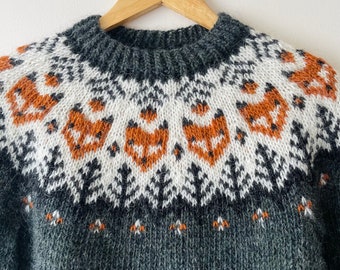 Womens Jumper FOX Icelandic Sweater Foxes Scandinavian Nordic Eco Wool Pullover Hand Knit Norwegian Fair Isle Lopapeysa Gift for Fox Lovers
