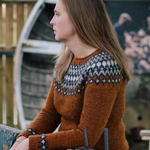 Icelandic Wool Sweater TREYSTA Womens Fair Isle Pullover Norwegian Nordic Lopapeysa Hand knit Lopi Scandinavian Norway Jumper Gift for Her