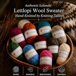 May include: A collection of eleven skeins of L&egrave;ttlopi wool yarn in various colours including red, blue, green, brown, and cream, each with a white paper label, arranged in a round woven basket with text overlay reading Authentic Icelandic Lettlopi Wool Sweater.