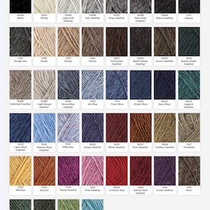 May include: A colour chart for Lettlopi 100% Icelandic wool yarn, featuring 52 square swatches of various yarn colours arranged in a grid. Each swatch includes a numerical code and a colour name, such as Black, White, and various heathered tones.